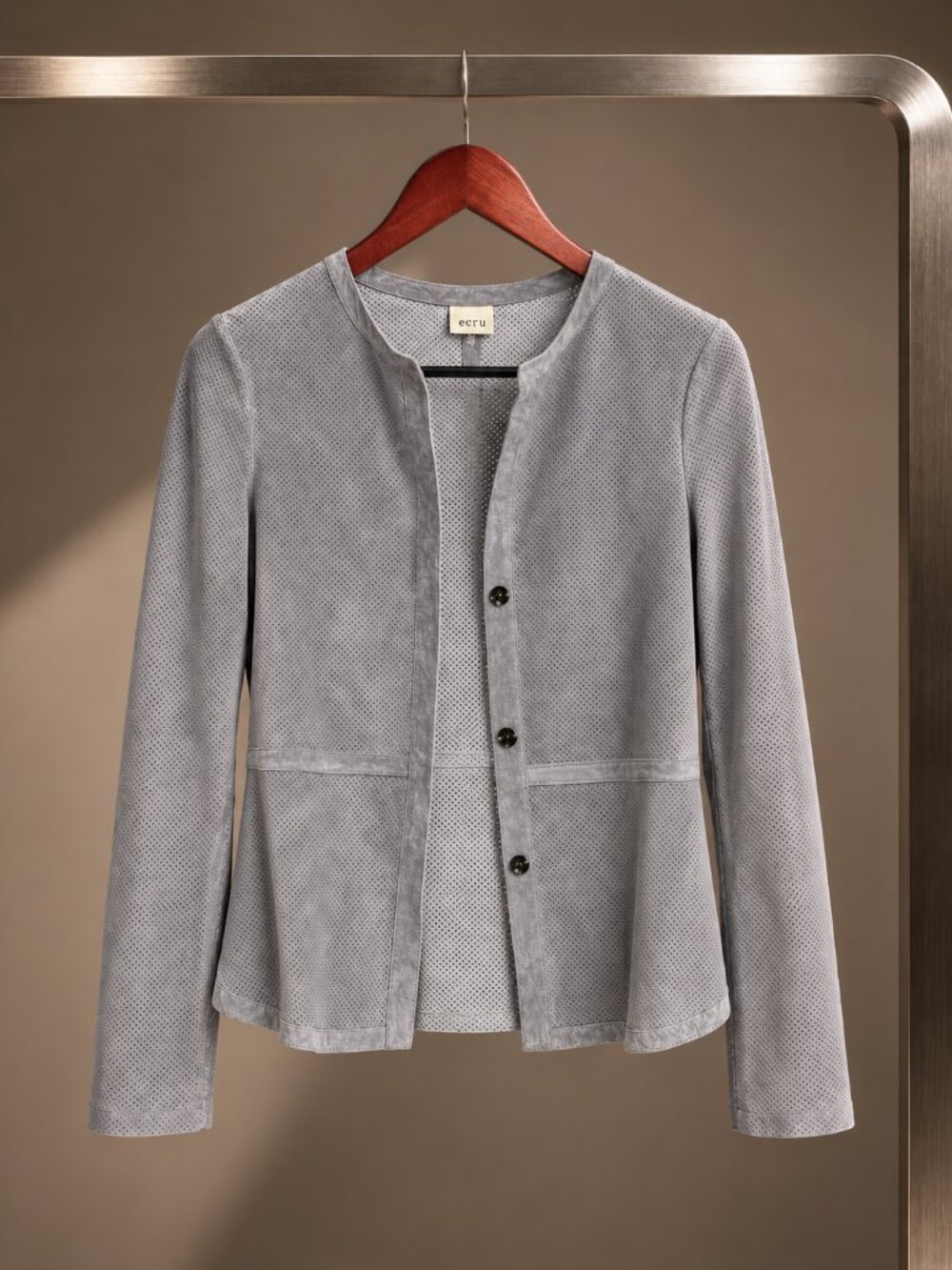 ecru Light Grey Perforated Suede Collarless Snap Front Shirt Jacket XS